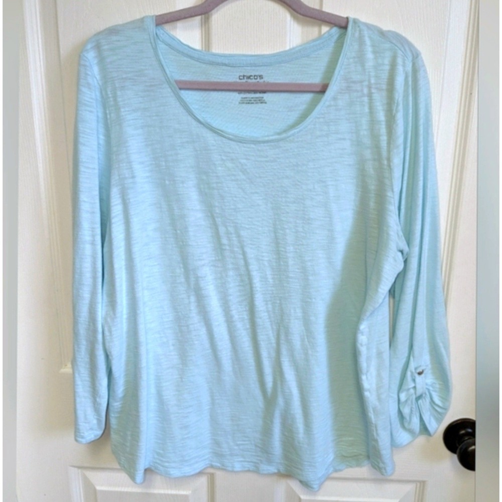 Chicos Ultimate Tee Roll-tab 3/4 Sleeve Jersey Slub Top Sz 3 XL Aqua Blue